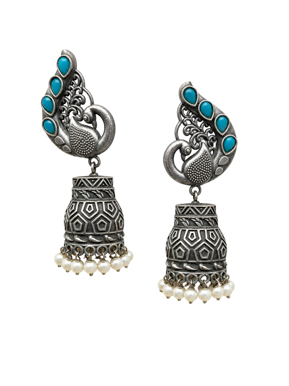 Silver Peacock Jhumka Earrings with Blue Stones