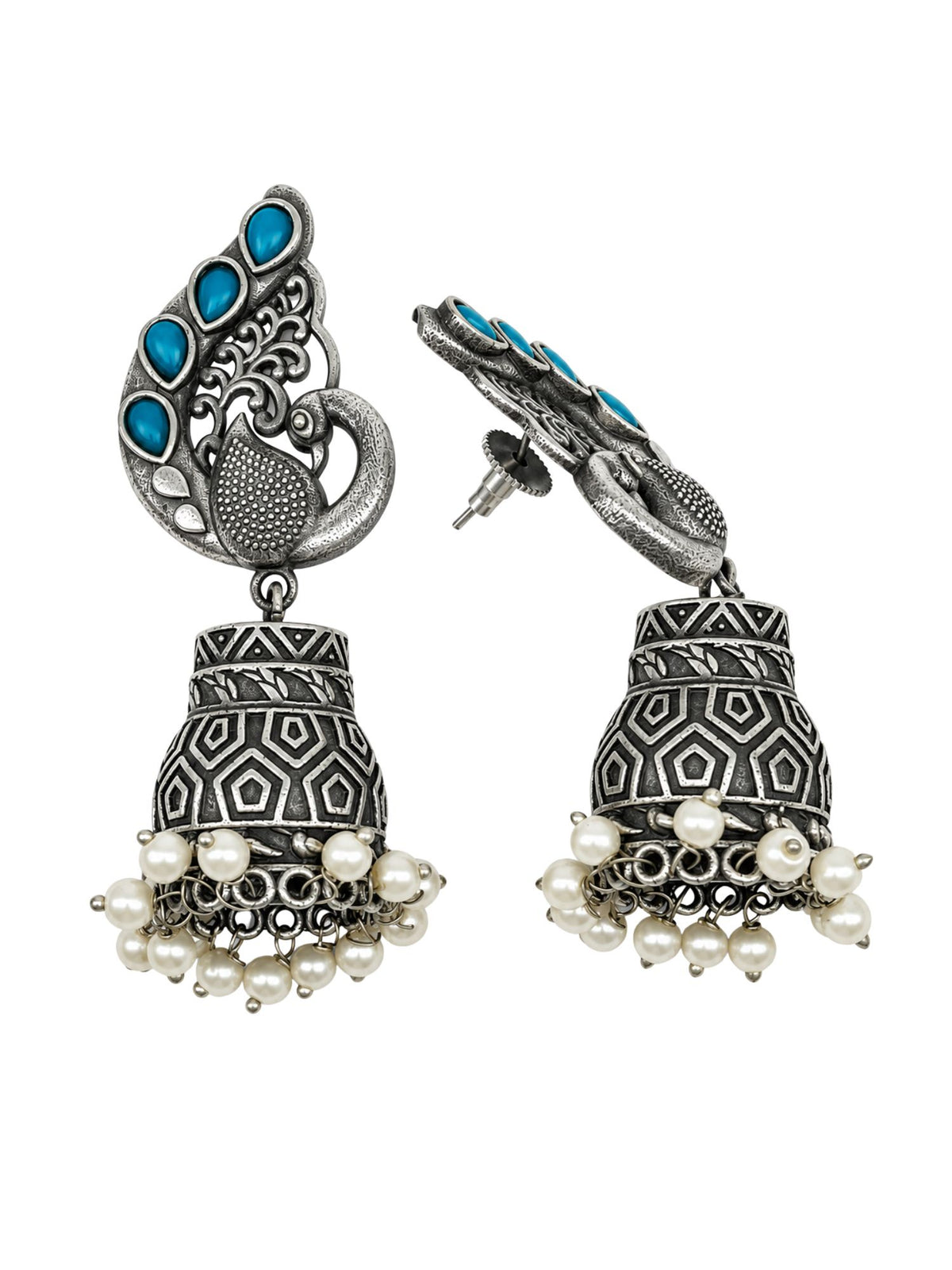 Silver Peacock Jhumka Earrings with Blue Stones
