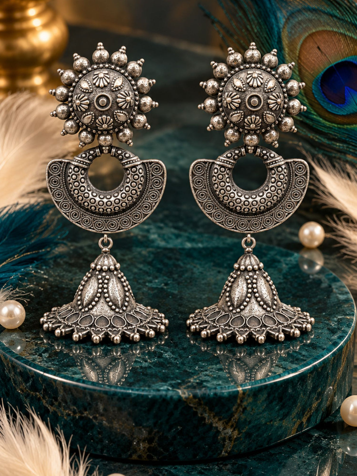 Oxidised Floral Crescent Jhumka Earrings for Women