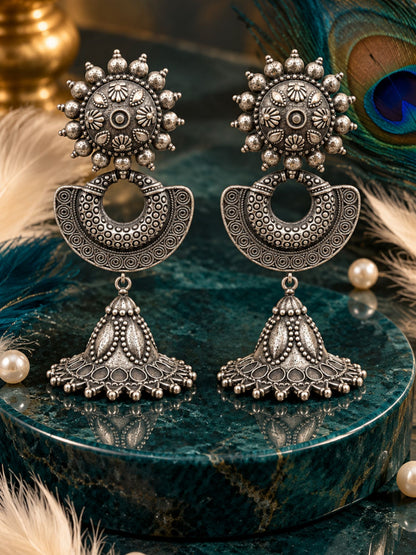 Oxidised Floral Crescent Jhumka Earrings for Women