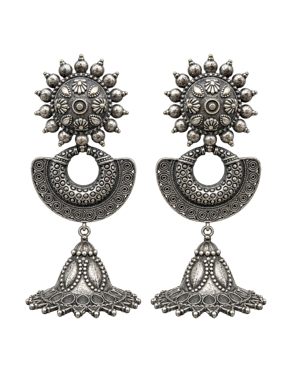 Oxidised Floral Crescent Jhumka Earrings for Women