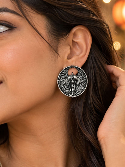 Silver Lord Ganesha Round Stud Earrings for Ladies