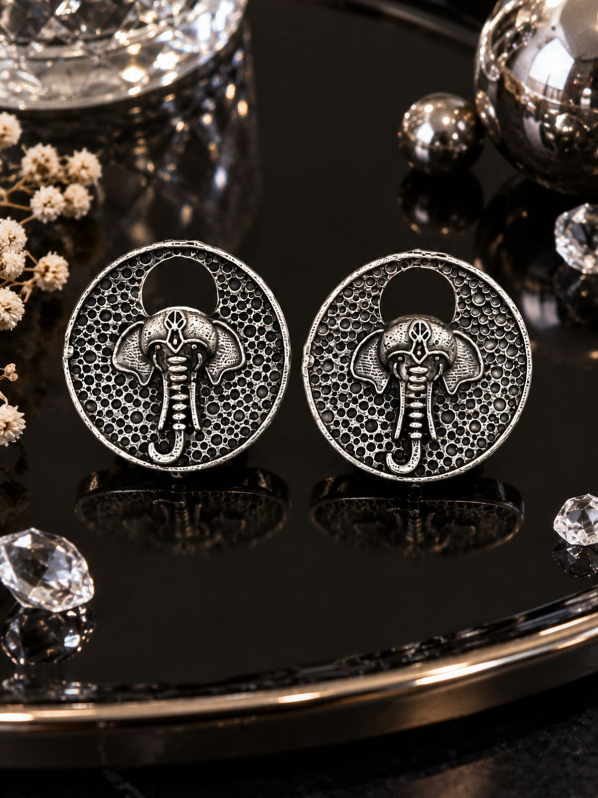 Silver Lord Ganesha Round Stud Earrings for Ladies