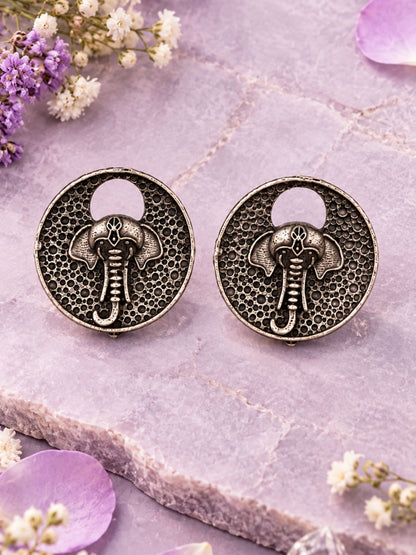 Silver Lord Ganesha Round Stud Earrings for Ladies