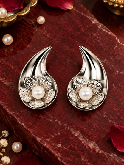 Silver Pearl Drop Stud Earrings for Navratri Garba