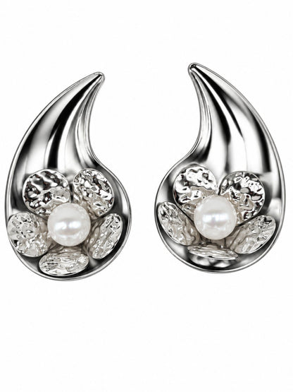 Silver Pearl Drop Stud Earrings for Navratri Garba