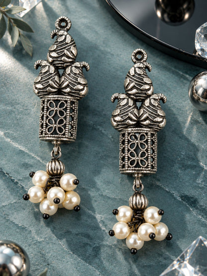 Oxidised Silver Pearl Dangle Earrings for Women