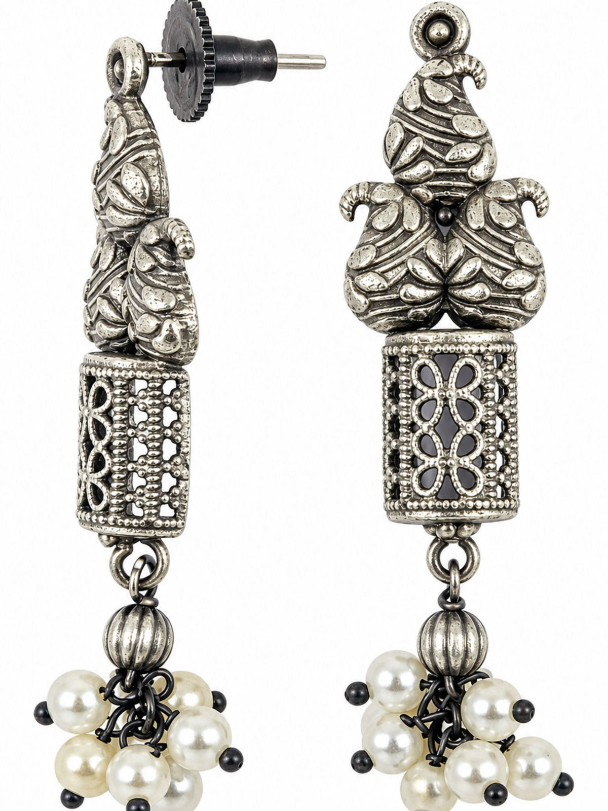 Oxidised Silver Pearl Dangle Earrings for Women