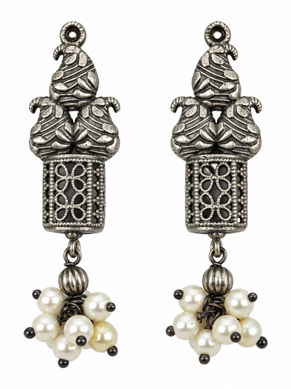 Oxidised Silver Pearl Dangle Earrings for Women
