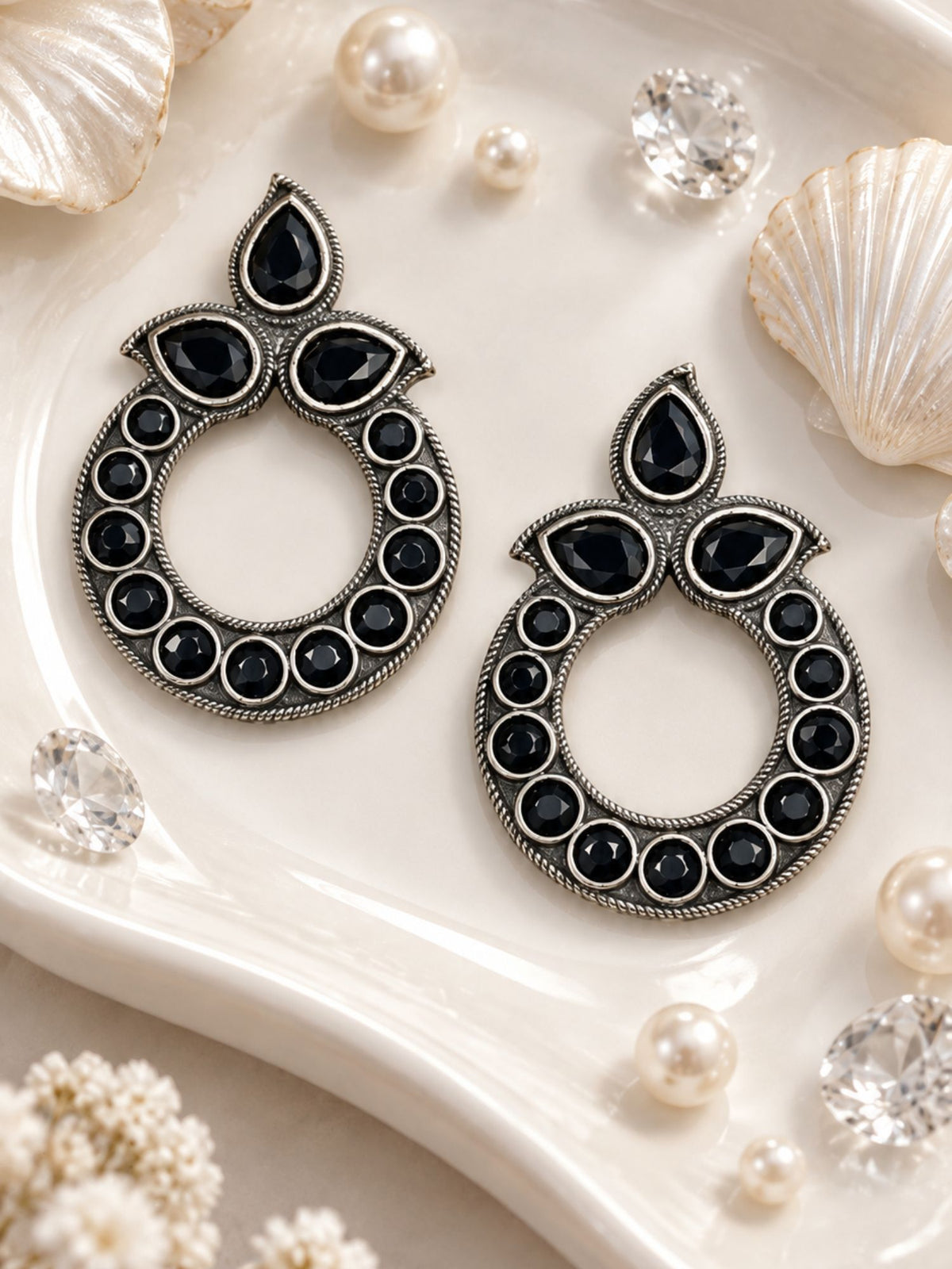 Black Stone Oxidised Silver Chandbali Earrings