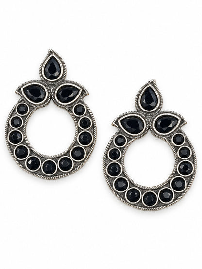 Black Stone Oxidised Silver Chandbali Earrings