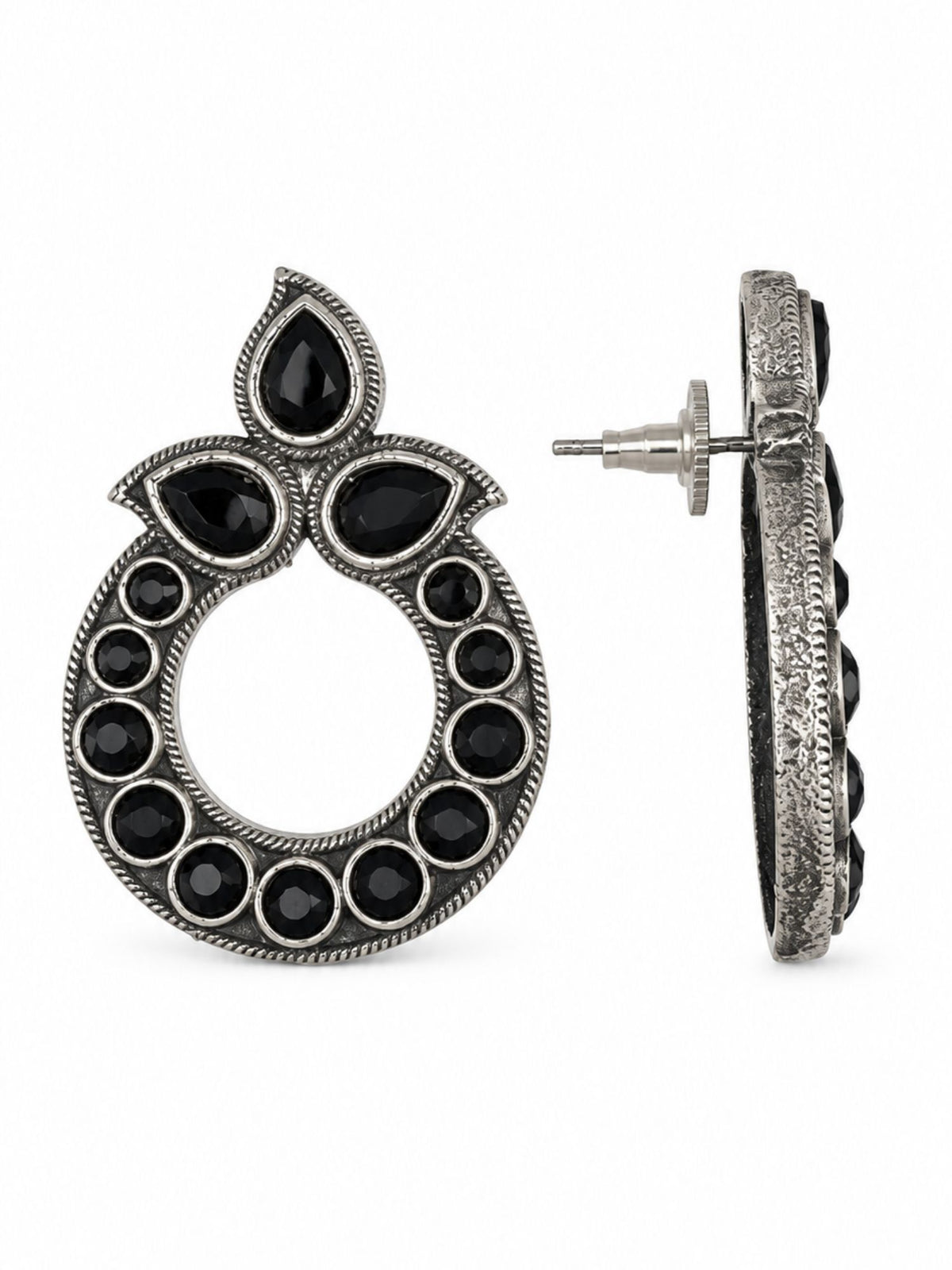 Black Stone Oxidised Silver Chandbali Earrings