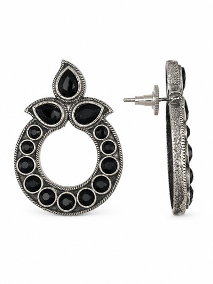 Black Stone Oxidised Silver Chandbali Earrings