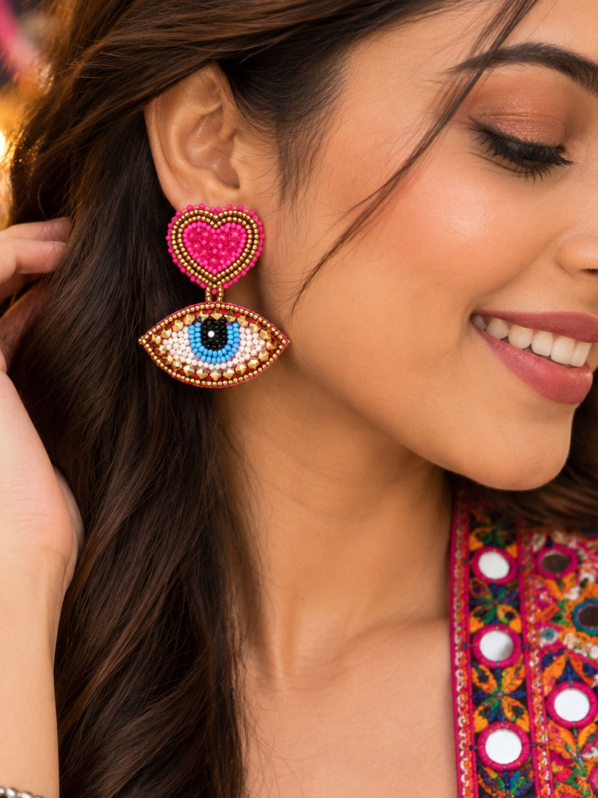 Pink Heart Evil Eye Beaded Statement Drop Earrings