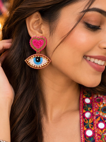 Pink Heart Evil Eye Beaded Statement Drop Earrings