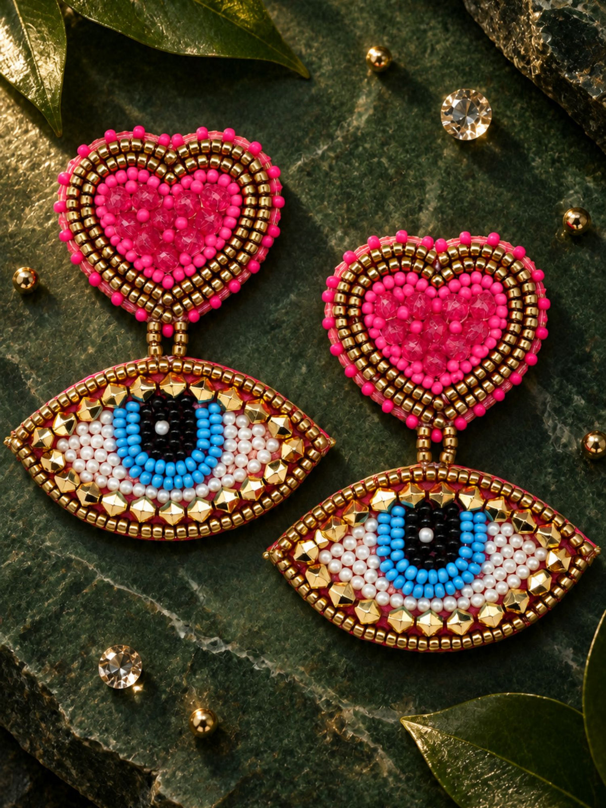 Pink Heart Evil Eye Beaded Statement Drop Earrings