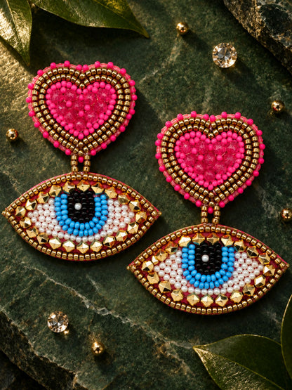 Pink Heart Evil Eye Beaded Statement Drop Earrings