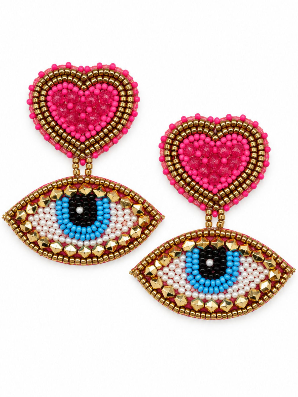 Pink Heart Evil Eye Beaded Statement Drop Earrings
