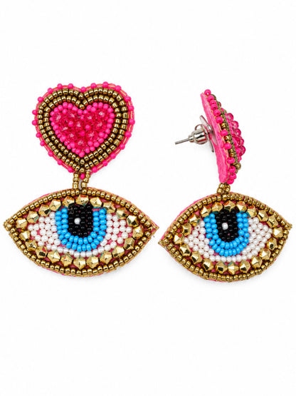 Pink Heart Evil Eye Beaded Statement Drop Earrings