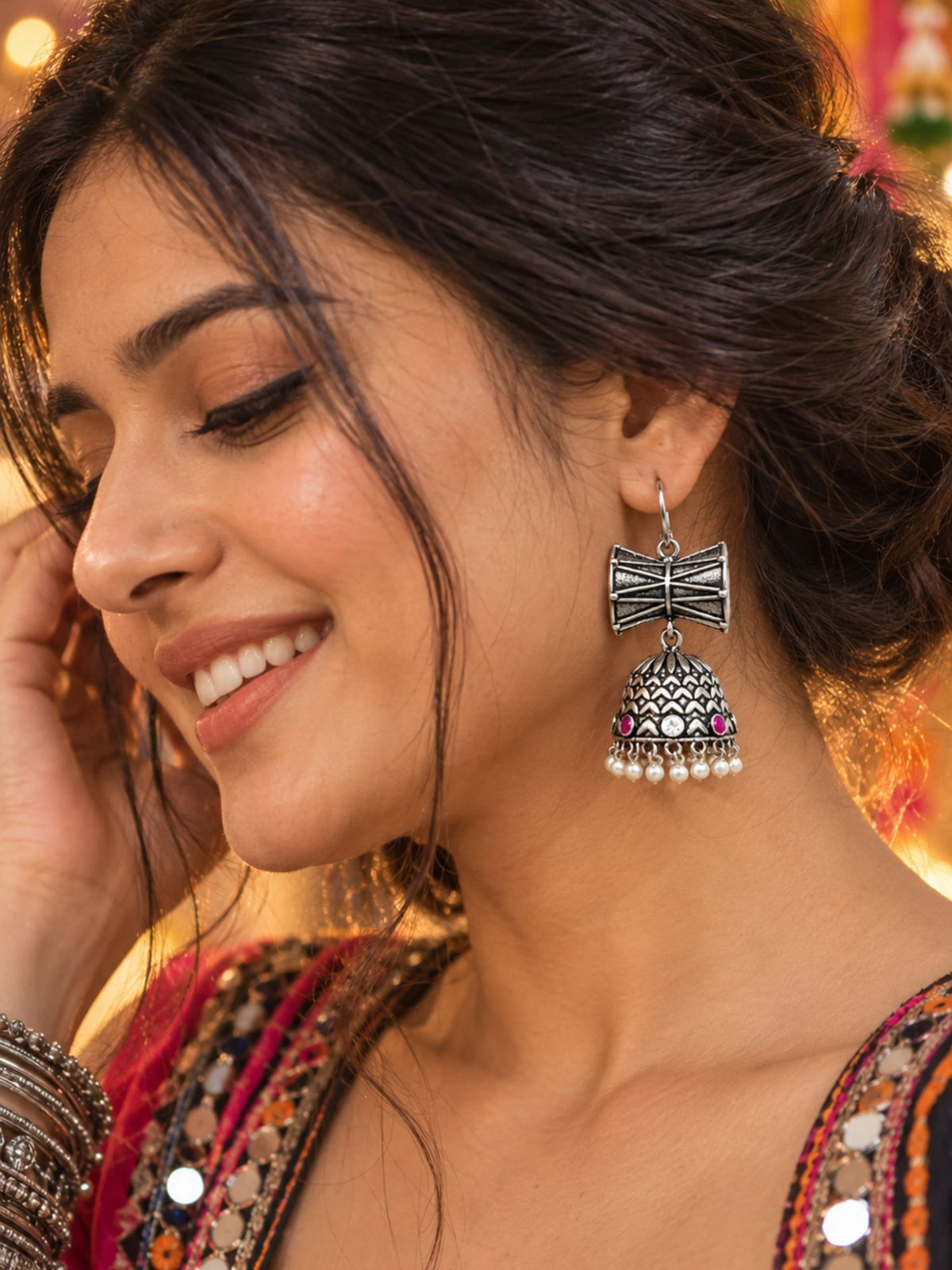 Oxidised Silver Damru Jhumka Earrings, Pearl Drops