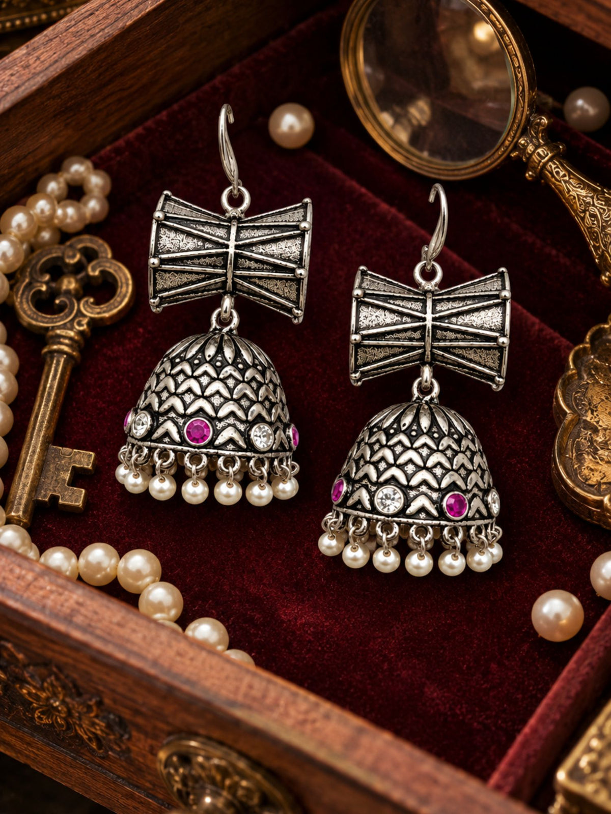 Oxidised Silver Damru Jhumka Earrings, Pearl Drops