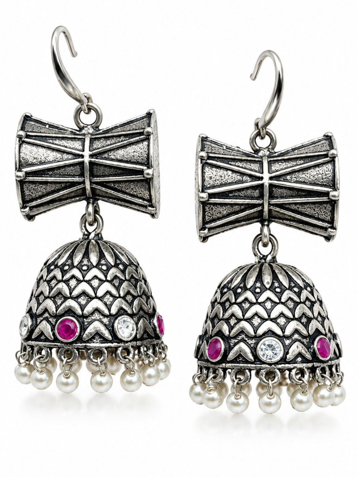 Oxidised Silver Damru Jhumka Earrings, Pearl Drops