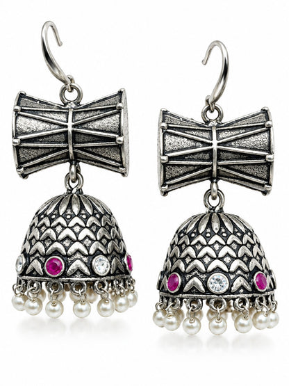 Oxidised Silver Damru Jhumka Earrings, Pearl Drops