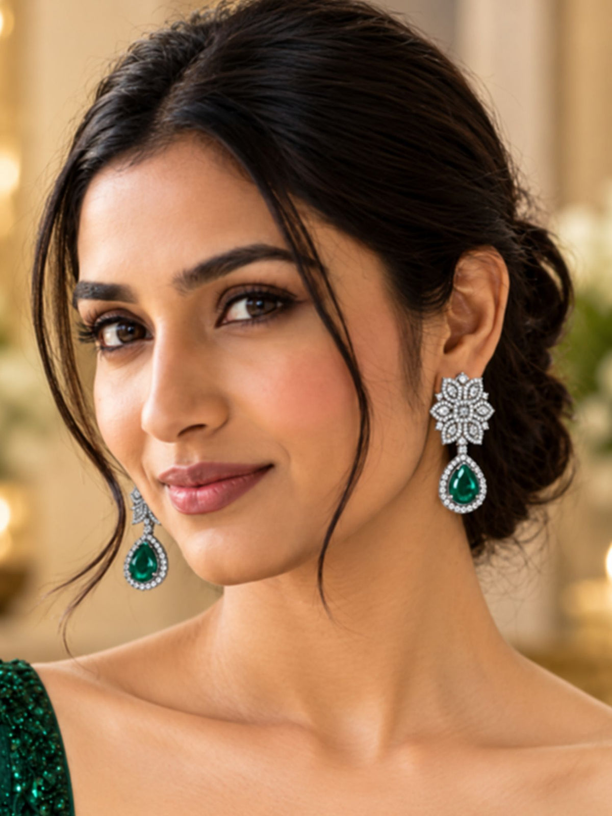 Silver Tone Green Stone Floral Earrings for Women.