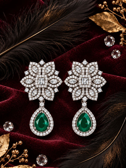Silver Tone Green Stone Floral Earrings for Women.