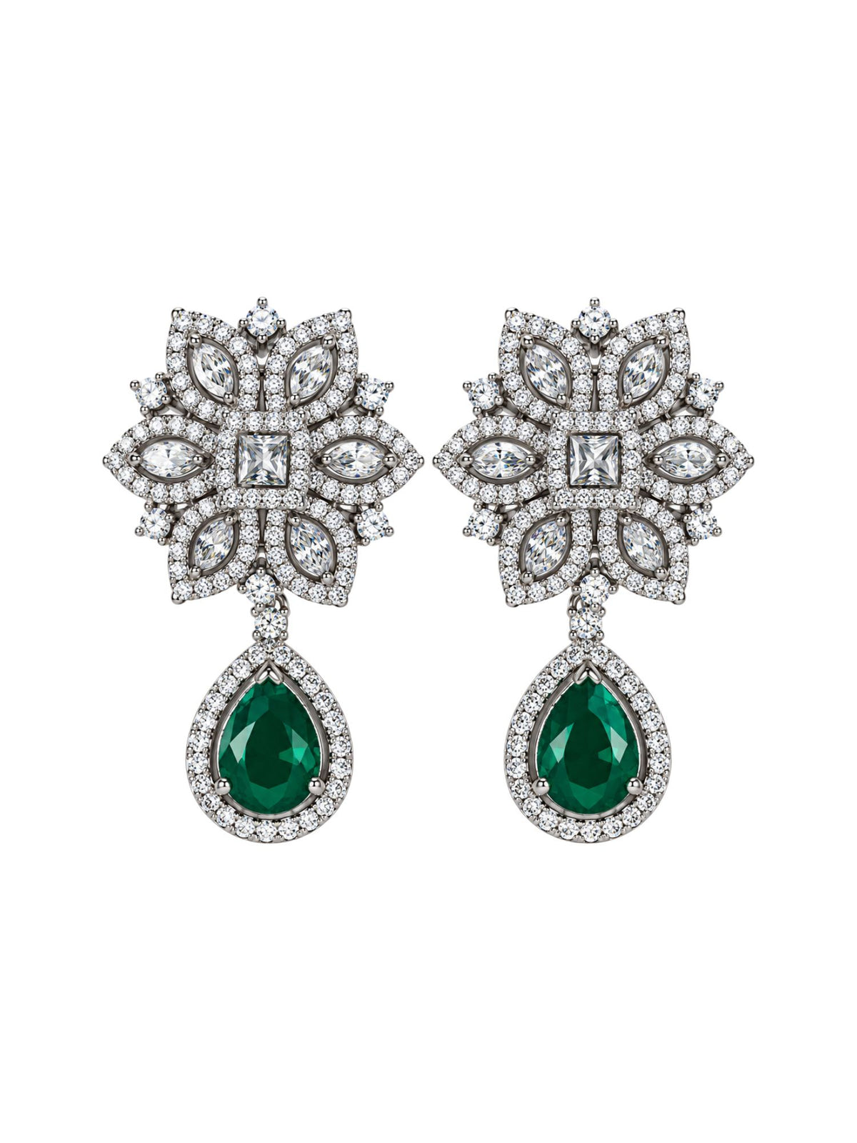 Silver Tone Green Stone Floral Earrings for Women.