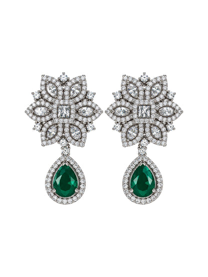 Silver Tone Green Stone Floral Earrings for Women.