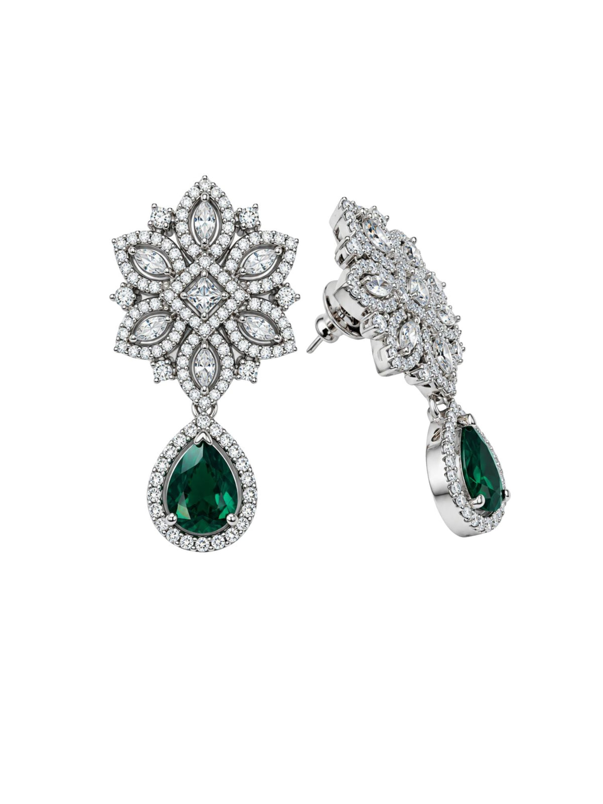 Silver Tone Green Stone Floral Earrings for Women.
