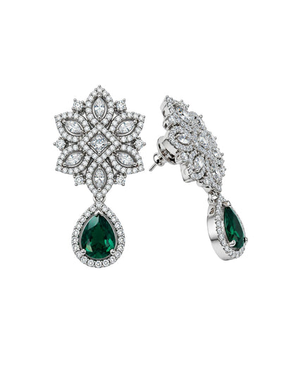 Silver Tone Green Stone Floral Earrings for Women.