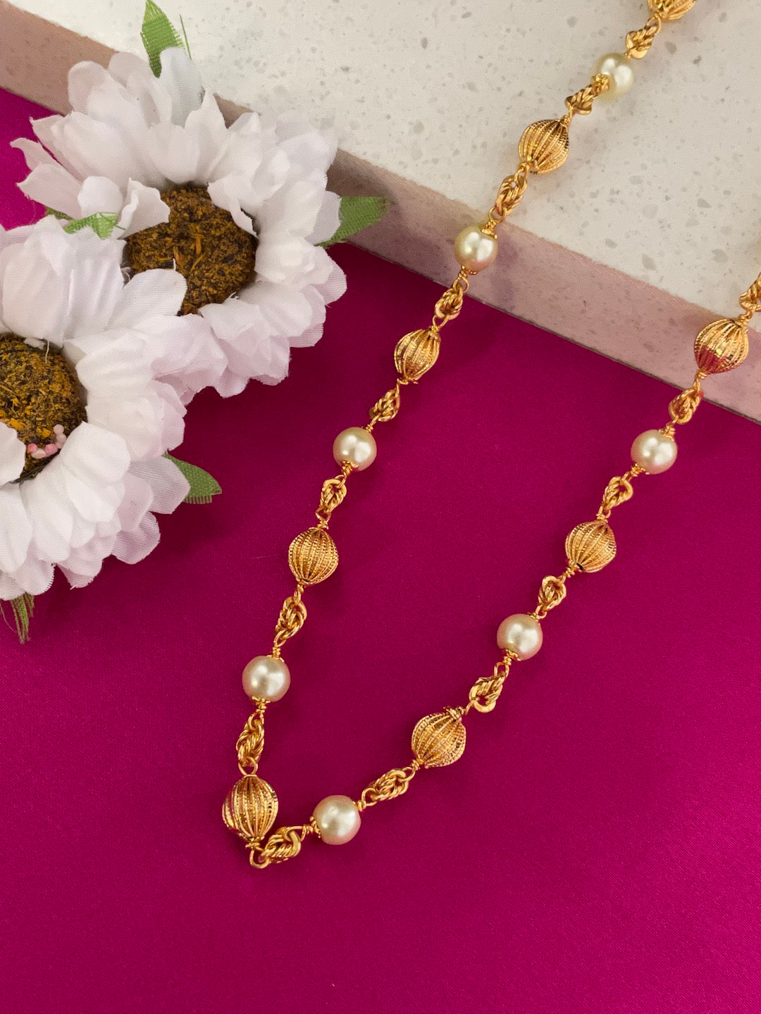 Gold Beads & Pearl Mala/Chain Necklace