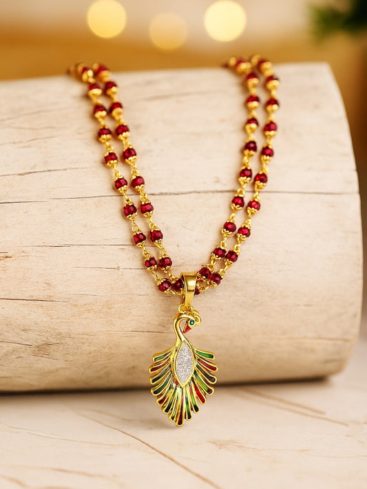 Peacock 2 Line Red Beads Long Necklace design