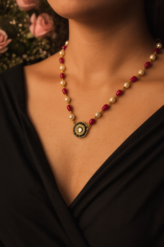 Kundan Pearl & Red Beads Short Necklace design