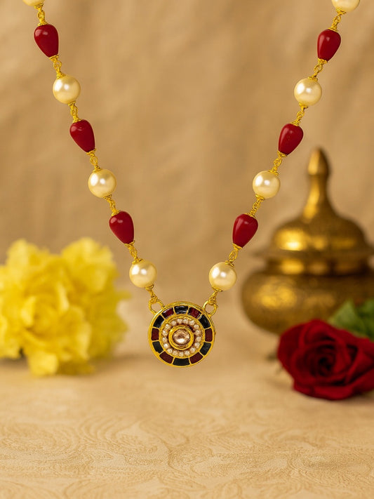 Kundan Pearl & Red Beads Short Necklace design