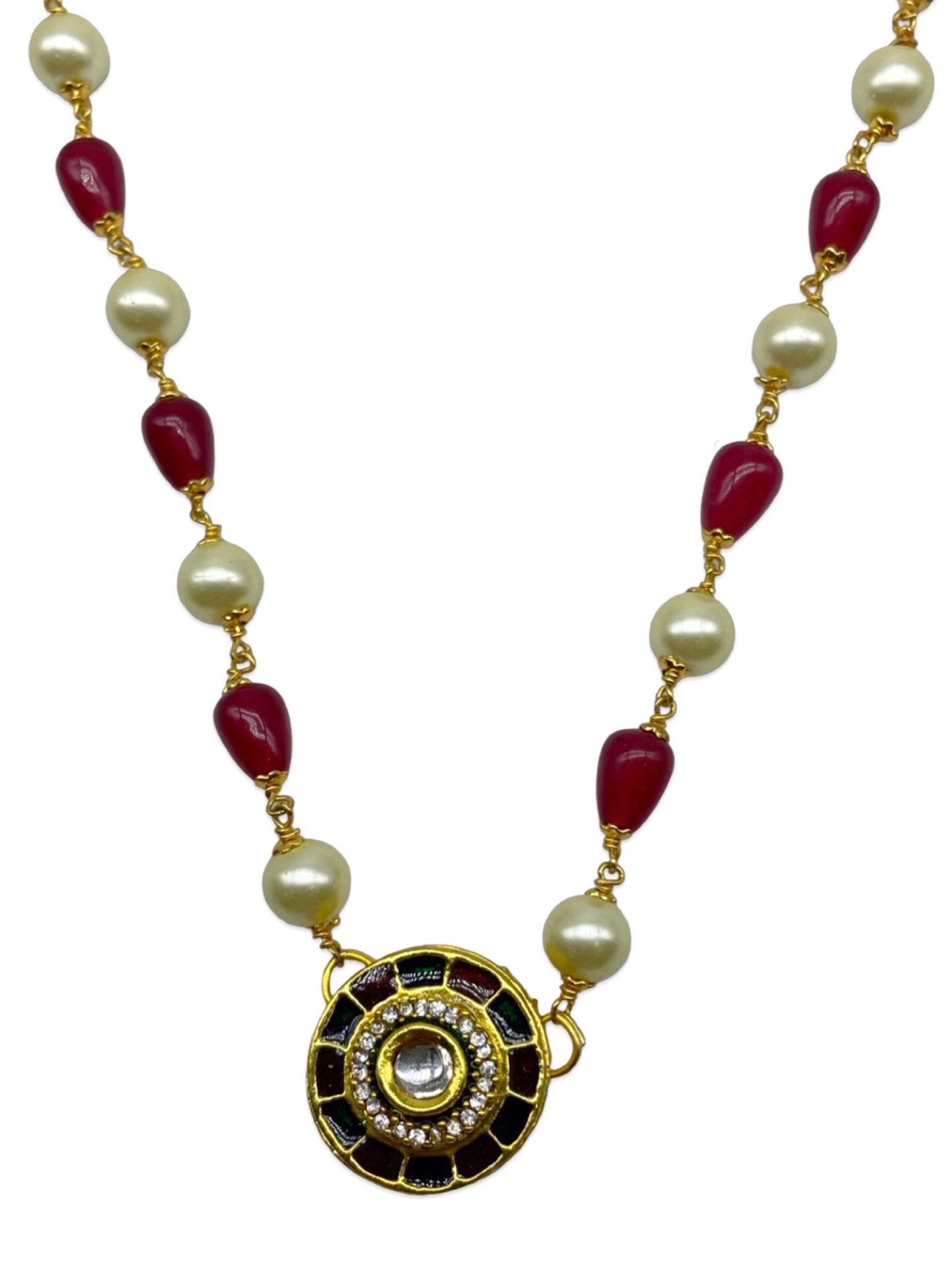 Kundan Pearl & Red Beads Short Necklace design