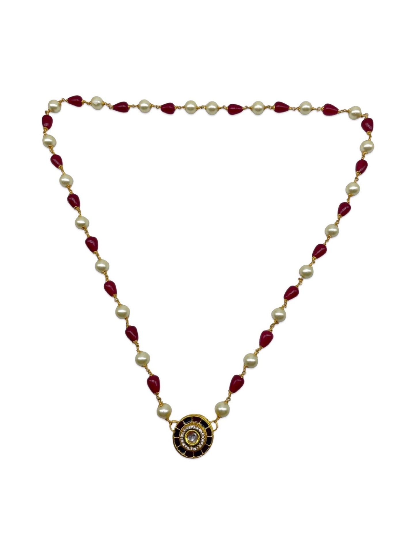 Kundan Pearl & Red Beads Short Necklace design