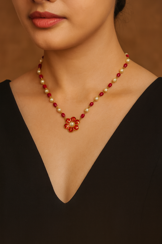 Kundan Flower Pearl & Red Beads Short Necklace esign