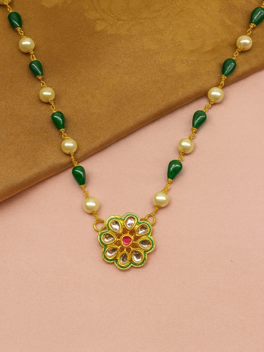 Kundan Flower Pearl & Green Beads Short Necklace design