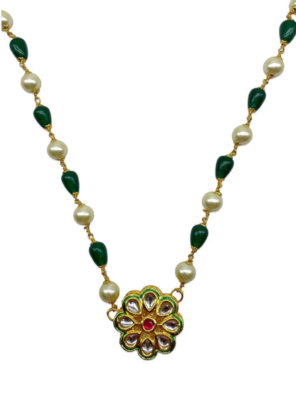 Kundan Flower Pearl & Green Beads Short Necklace design