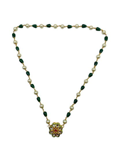 Kundan Flower Pearl & Green Beads Short Necklace design