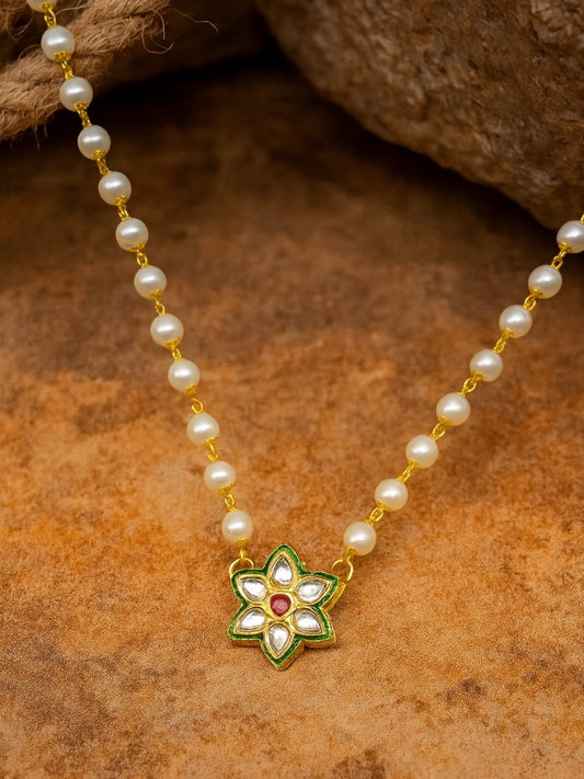 Kundan Flower Pearl Beads Long Necklace design