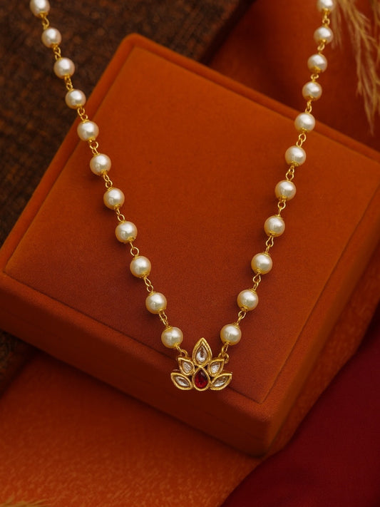 Kundan Lotus Flower Pearl Beads Long Necklace Design