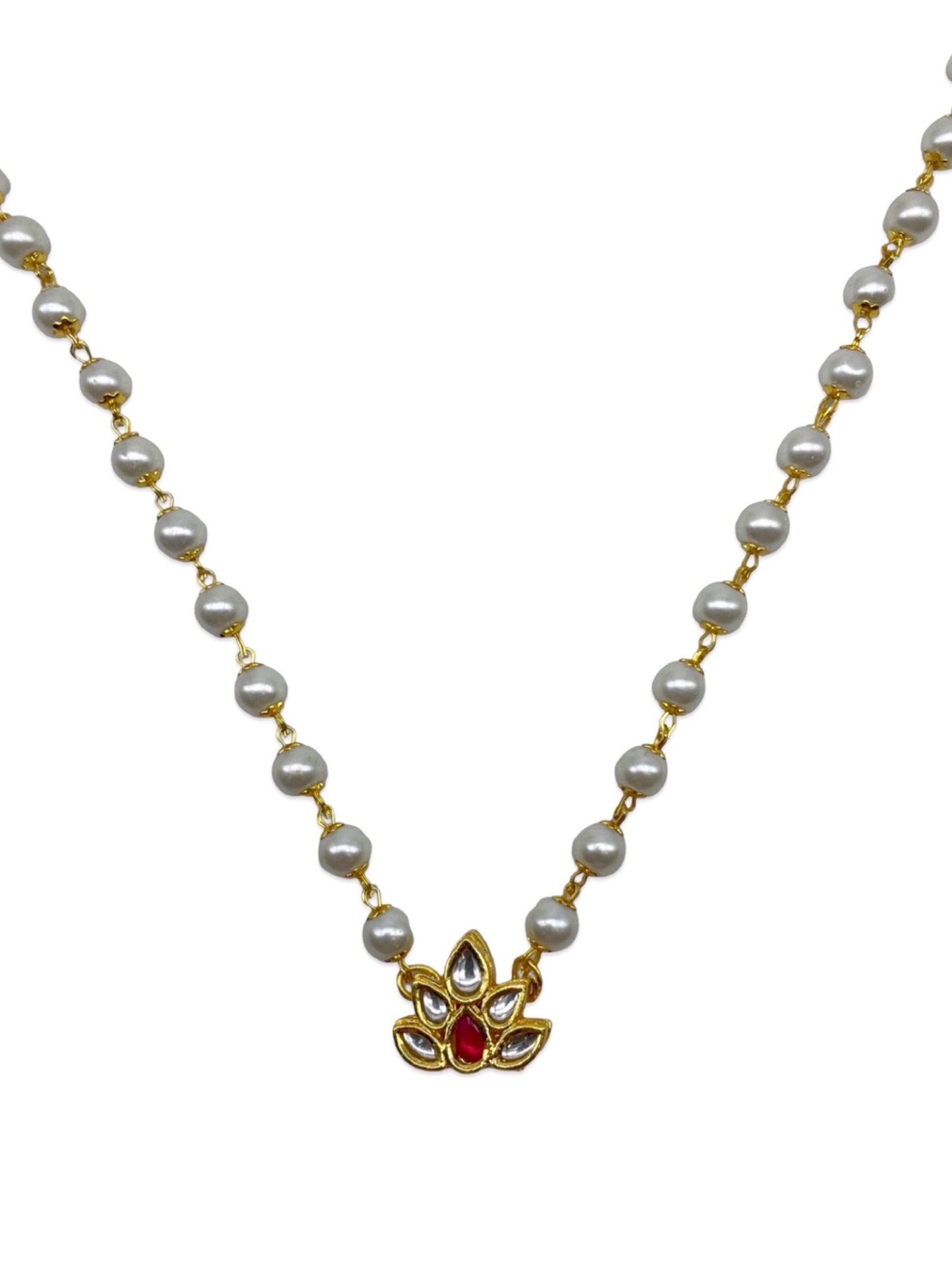 Kundan Lotus Flower Pearl Beads Long Necklace Design