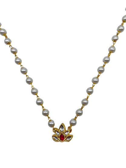 Kundan Lotus Flower Pearl Beads Long Necklace Design