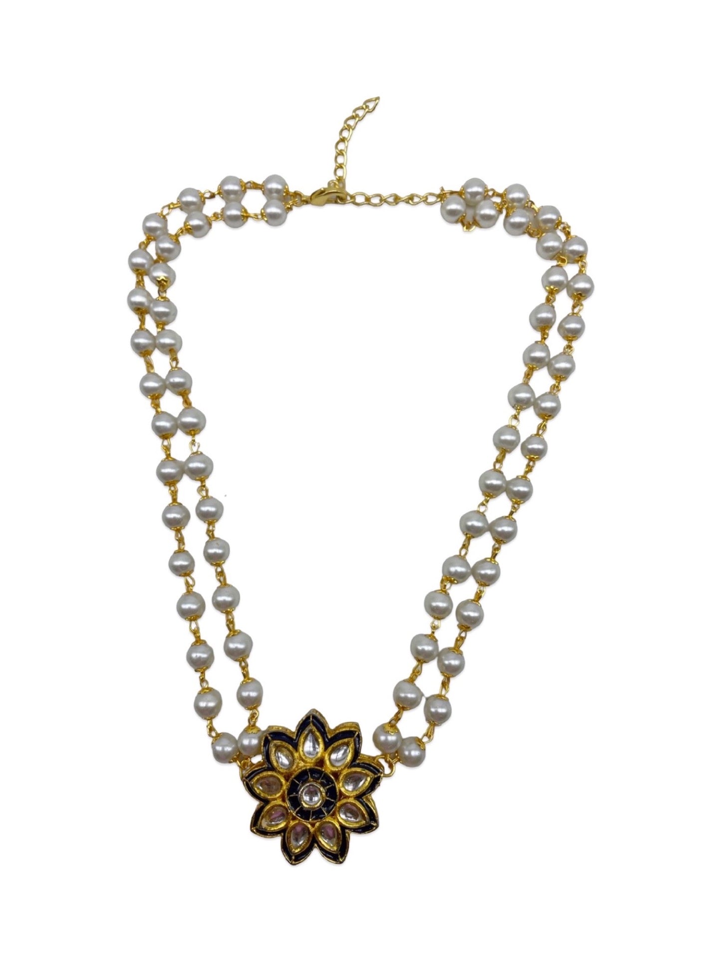 Kundan Flower Pearl Beads Short Necklace Design