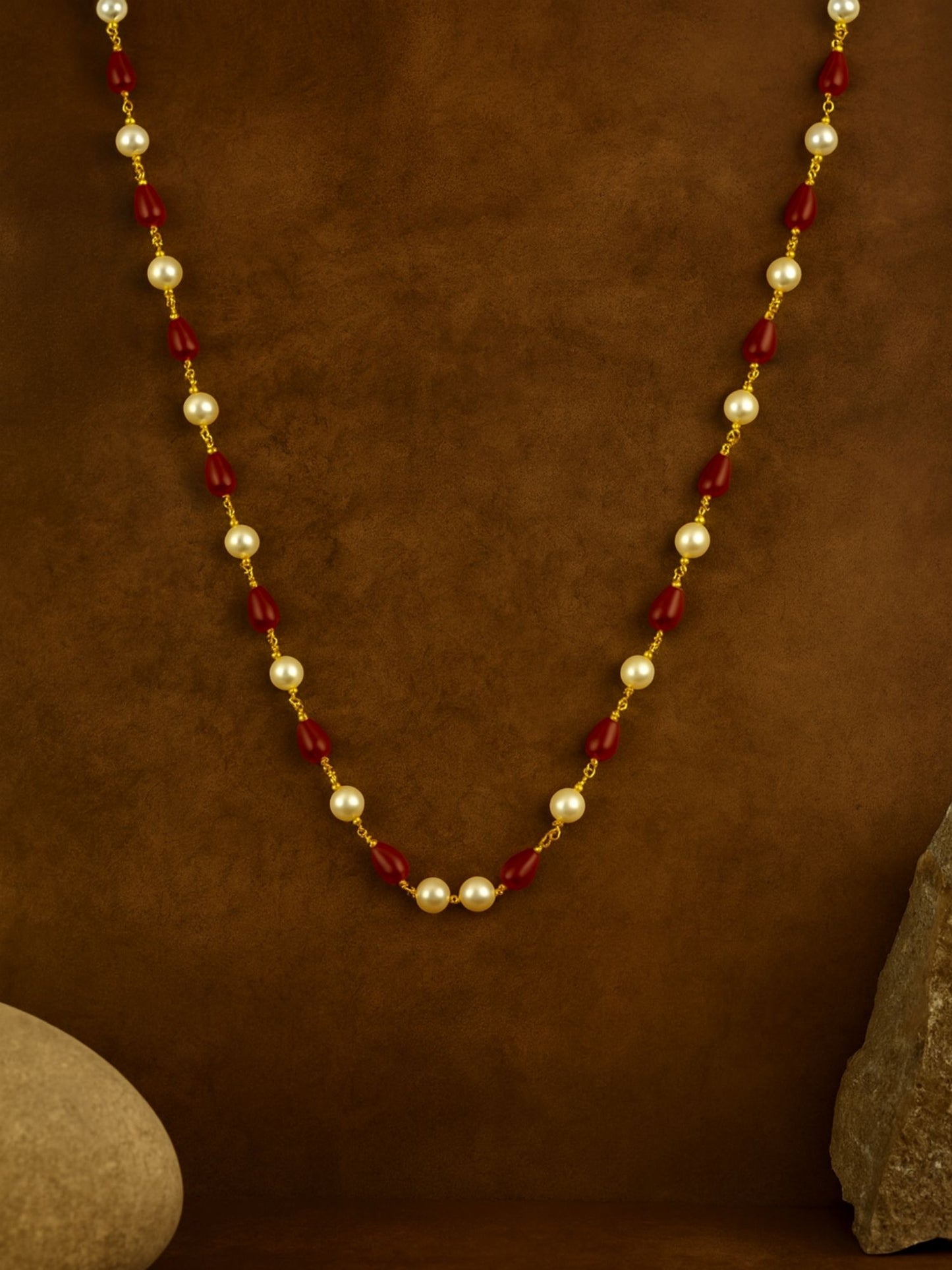 Red & Pearl Beads Simple Mala/Chain Necklace