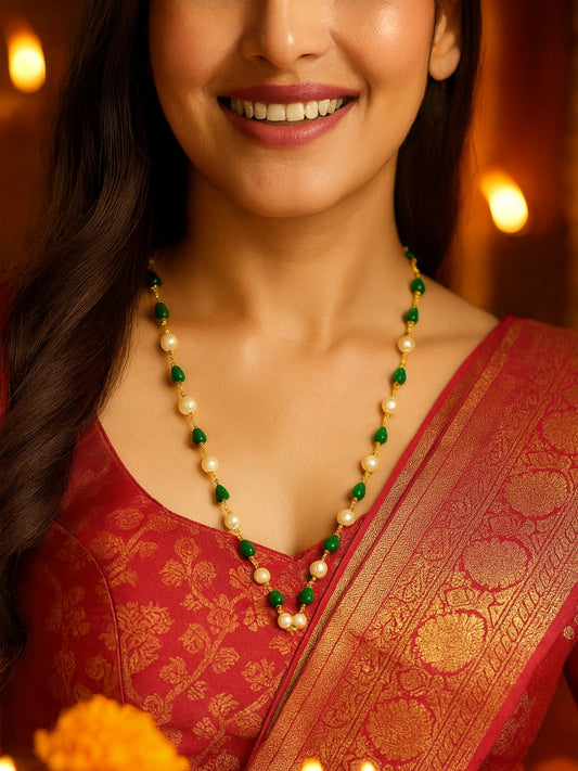 Green & Pearl Beads Simple Mala/Chain Necklace